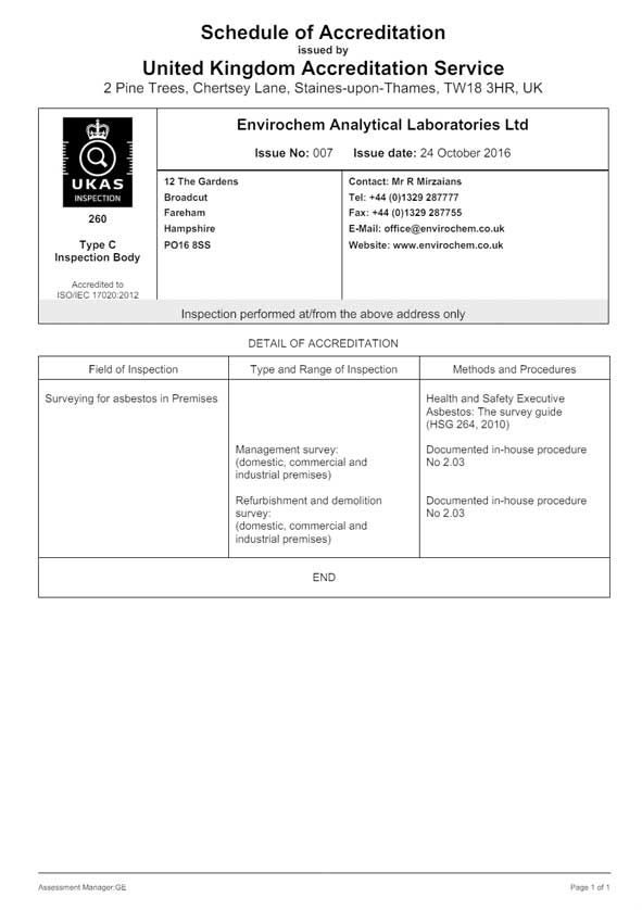 UKAS Inspection Schedule of Accreditation 0260