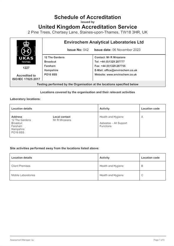 UKAS Testing Schedule of Accreditation 1227